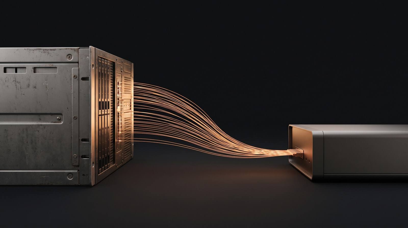 Servidor antic de metall connectat per un feix de fils de llum de coure a un equip modern