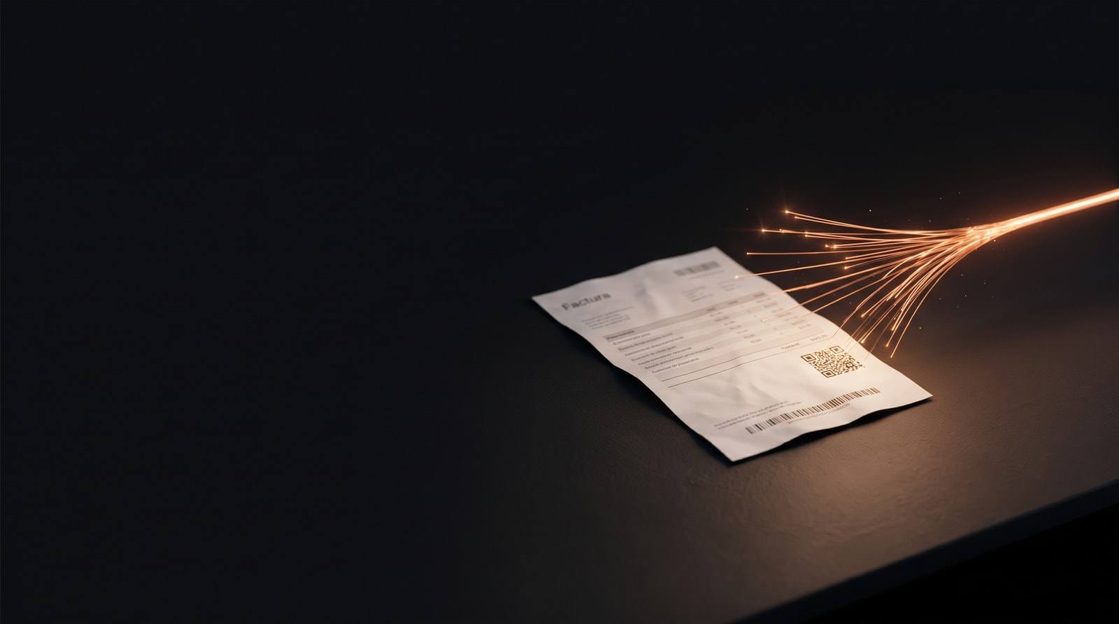 Factura impresa amb codi QR sobre una taula fosca, de la qual surten fils de llum de coure